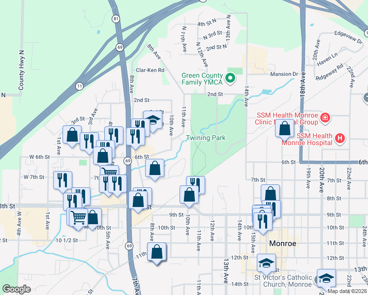 map of restaurants, bars, coffee shops, grocery stores, and more near 1004 5th Street in Monroe