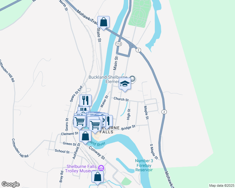 map of restaurants, bars, coffee shops, grocery stores, and more near 5 Adams Court in Shelburne Falls