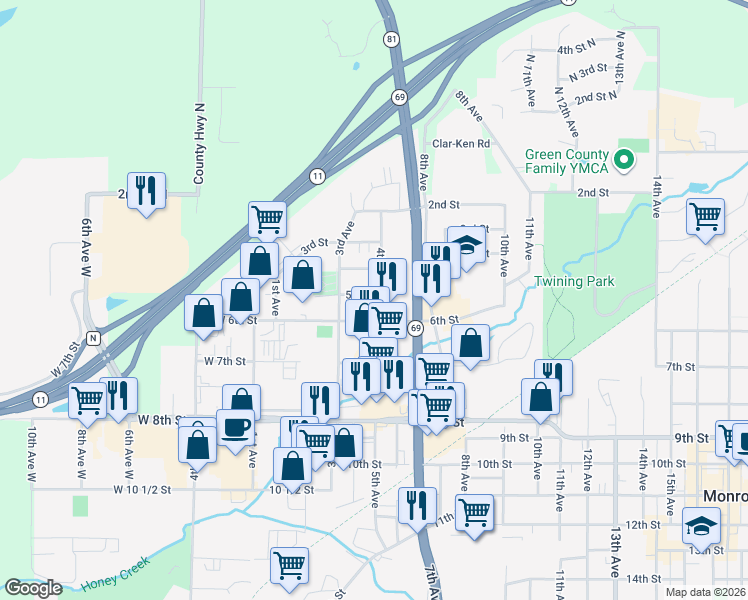 map of restaurants, bars, coffee shops, grocery stores, and more near 505 4th Avenue in Monroe