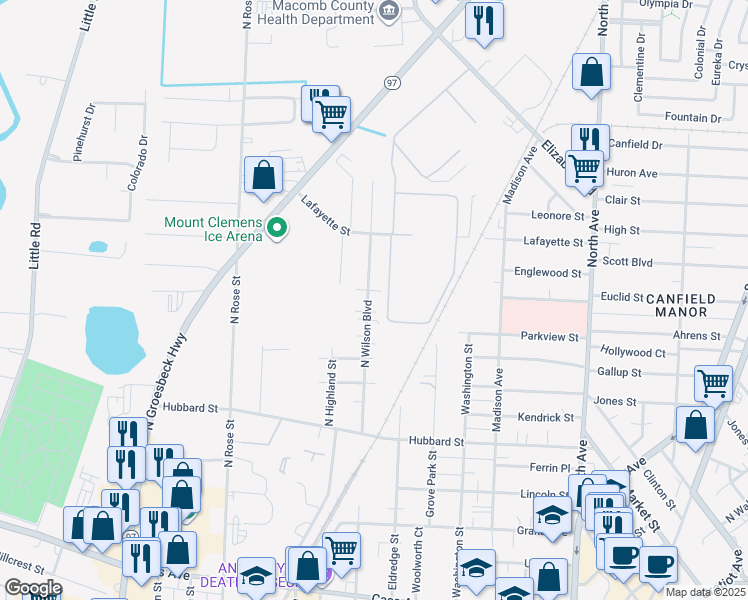 map of restaurants, bars, coffee shops, grocery stores, and more near 214 North Wilson Boulevard in Mount Clemens
