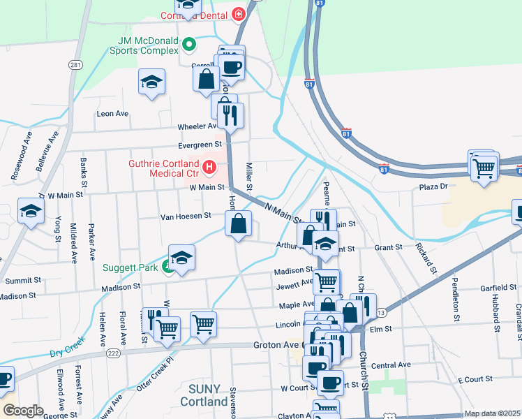 map of restaurants, bars, coffee shops, grocery stores, and more near 128 North Main Street in Cortland