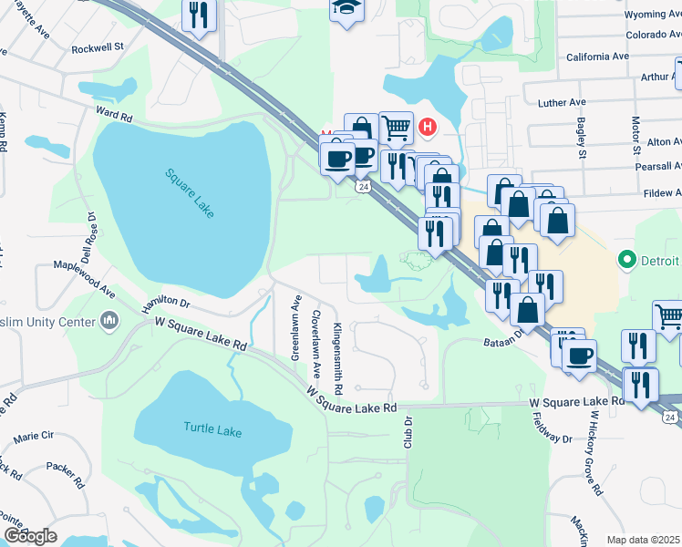 map of restaurants, bars, coffee shops, grocery stores, and more near 1666 Bloomfield Place Drive in Bloomfield Township
