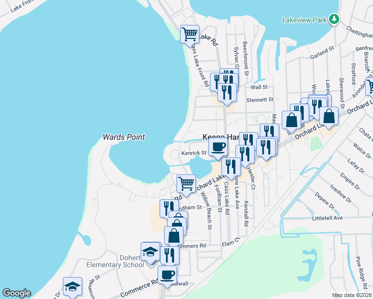 map of restaurants, bars, coffee shops, grocery stores, and more near 2103 Willow Beach Street in Keego Harbor