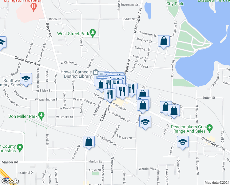 map of restaurants, bars, coffee shops, grocery stores, and more near in Howell