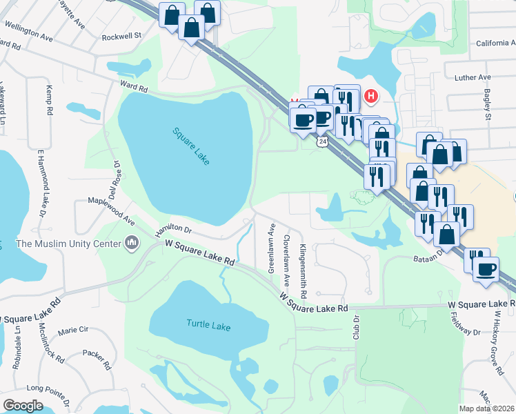 map of restaurants, bars, coffee shops, grocery stores, and more near 2173 Klingensmith Road in Bloomfield Township