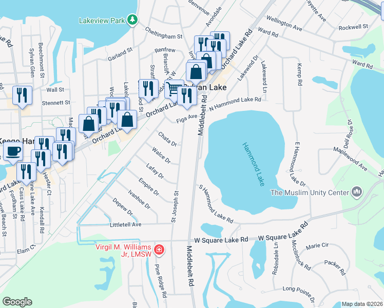 map of restaurants, bars, coffee shops, grocery stores, and more near 2160 Middlebelt Road in West Bloomfield Township