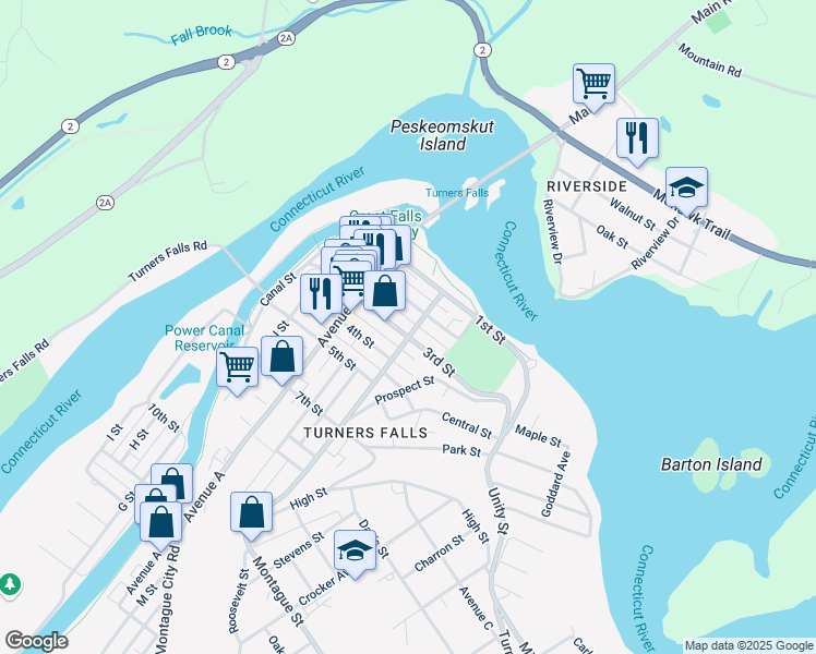 map of restaurants, bars, coffee shops, grocery stores, and more near 66 L Street in Montague