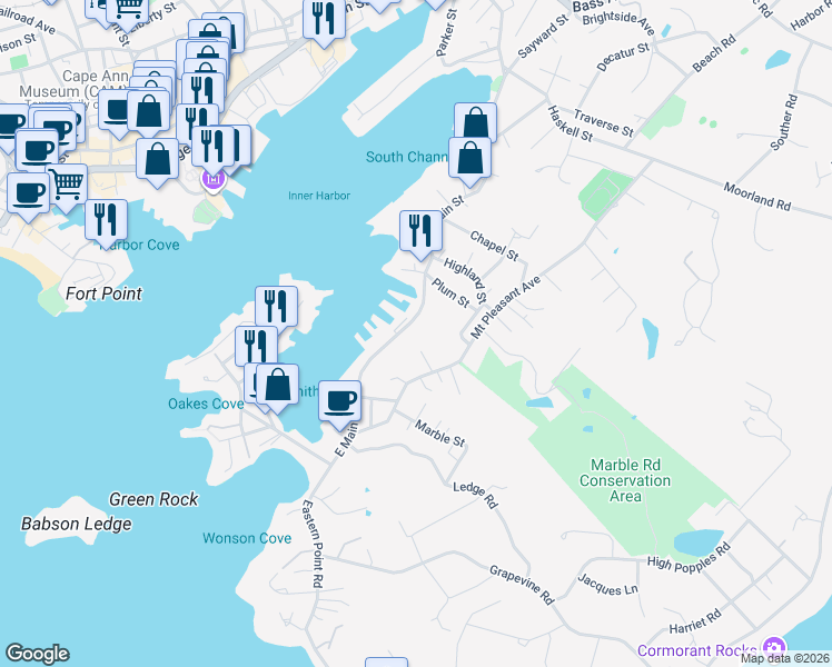 map of restaurants, bars, coffee shops, grocery stores, and more near 188 East Main Street in Gloucester