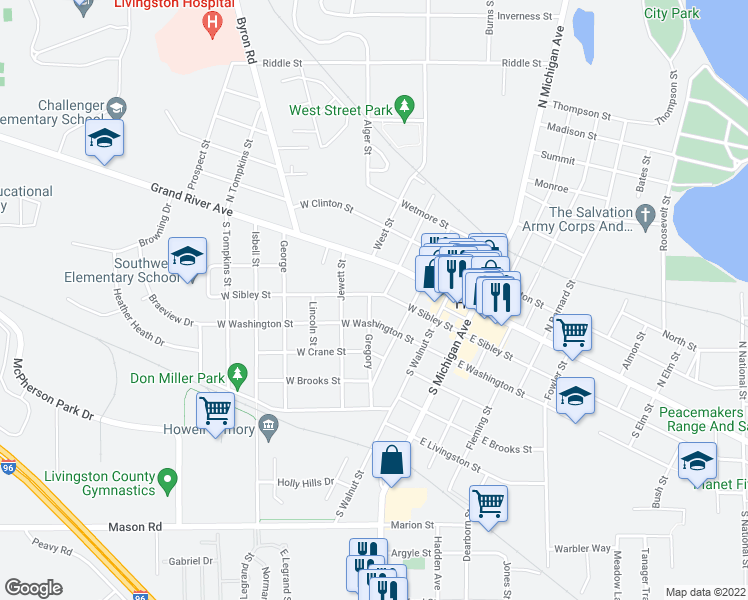 map of restaurants, bars, coffee shops, grocery stores, and more near 335 West Sibley Street in Howell