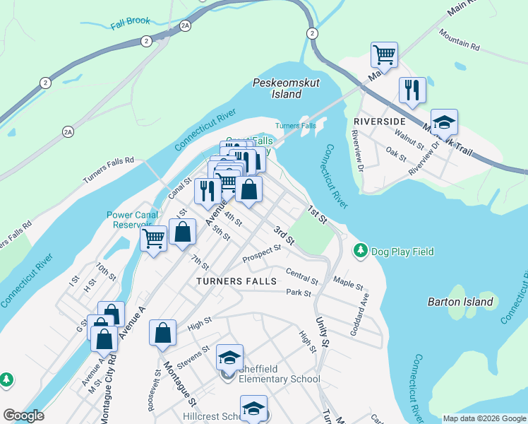 map of restaurants, bars, coffee shops, grocery stores, and more near 66 L Street in Montague