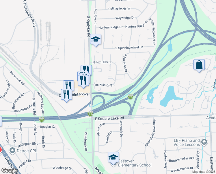map of restaurants, bars, coffee shops, grocery stores, and more near 502 North Fox Hills Drive in Bloomfield Hills