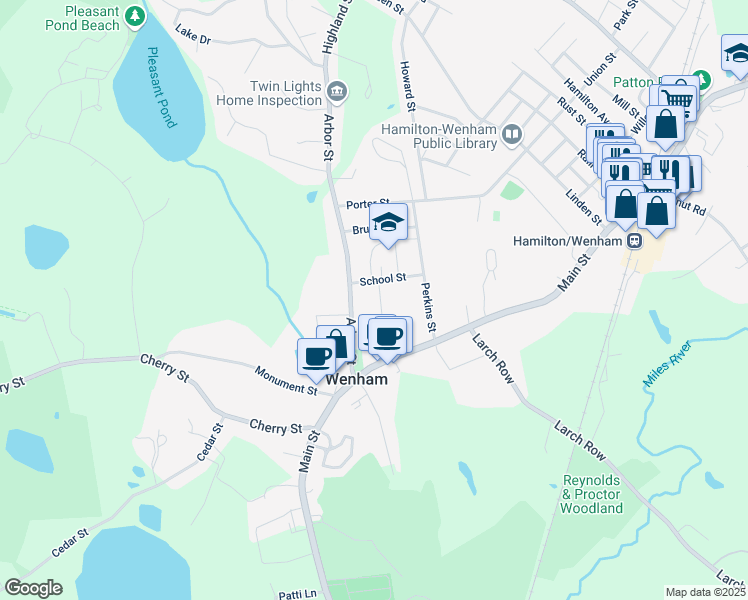 map of restaurants, bars, coffee shops, grocery stores, and more near 3 Ellis Avenue in Wenham