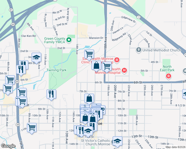 map of restaurants, bars, coffee shops, grocery stores, and more near 507 17th Avenue in Monroe