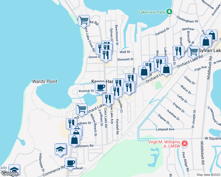 map of restaurants, bars, coffee shops, grocery stores, and more near 2111 Cass Lake Rd in Keego Harbor