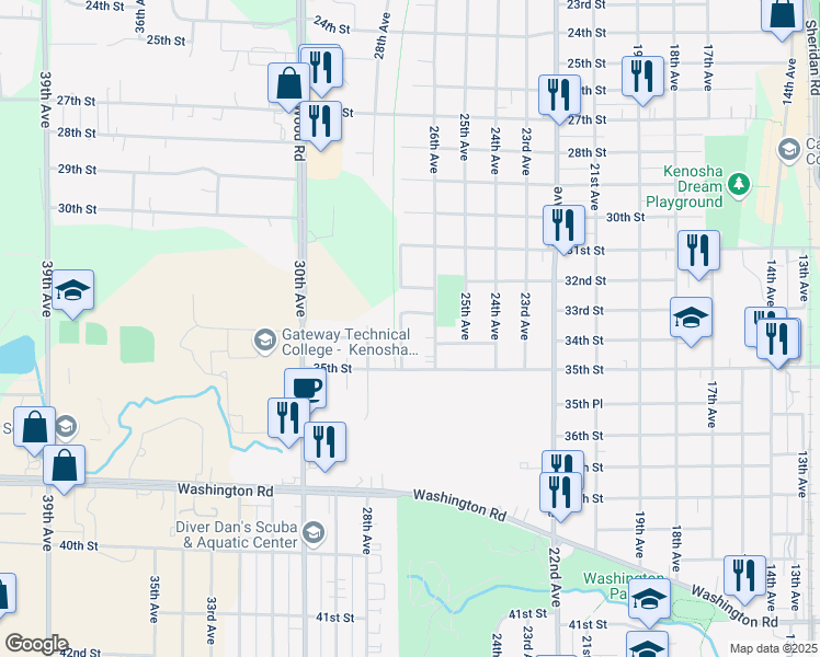 map of restaurants, bars, coffee shops, grocery stores, and more near 2619 33rd Street in Kenosha