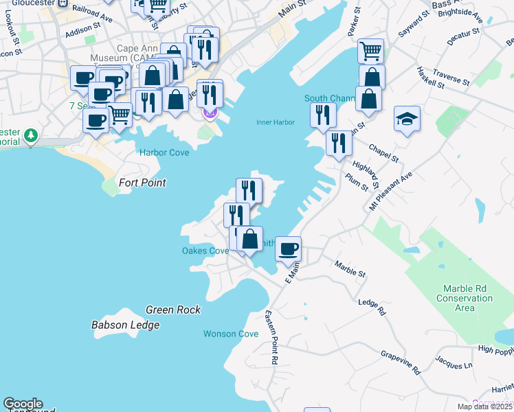 map of restaurants, bars, coffee shops, grocery stores, and more near 73 Rocky Neck Avenue in Gloucester