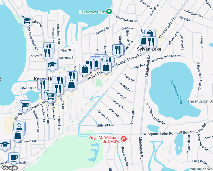 map of restaurants, bars, coffee shops, grocery stores, and more near 2260 Woodrow Wilson Boulevard in West Bloomfield Township