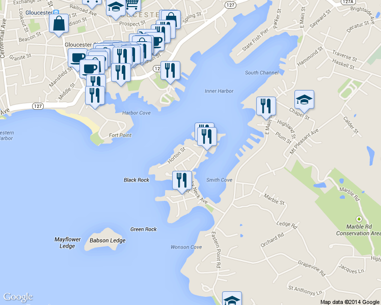 map of restaurants, bars, coffee shops, grocery stores, and more near 14 Clarendon Street in Gloucester