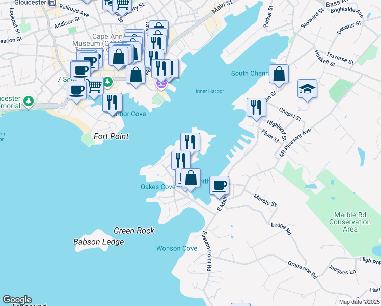 map of restaurants, bars, coffee shops, grocery stores, and more near 75 Rocky Neck Avenue in Gloucester