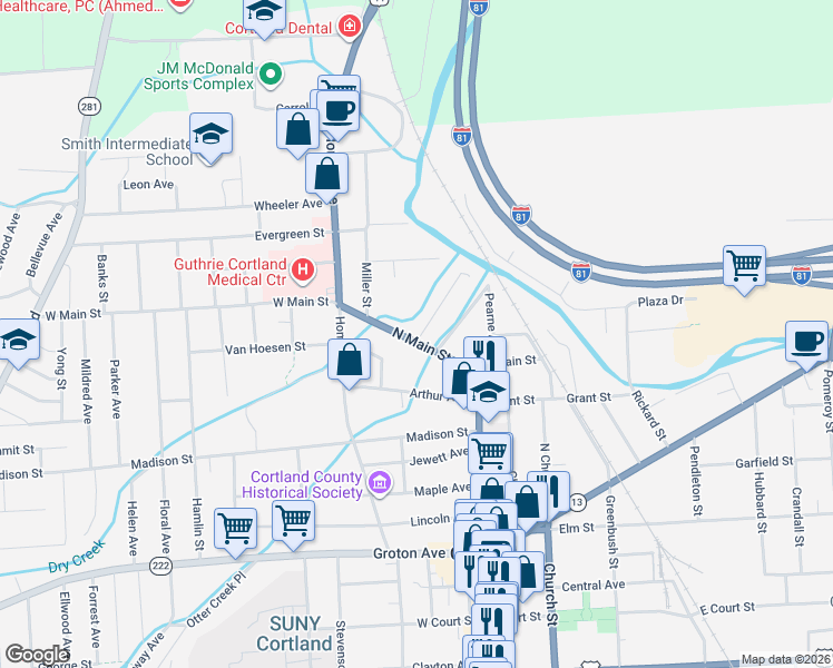 map of restaurants, bars, coffee shops, grocery stores, and more near 115 North Main Street in Cortland