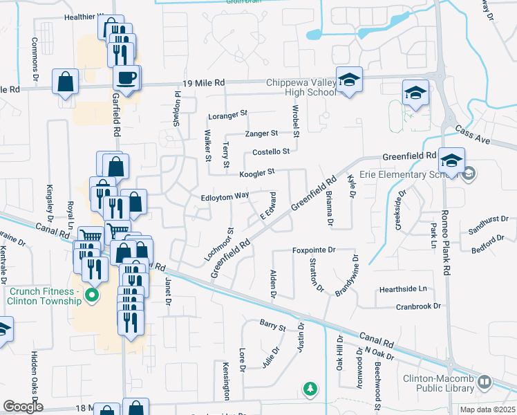 map of restaurants, bars, coffee shops, grocery stores, and more near 42347 West Leo Street in Clinton Township