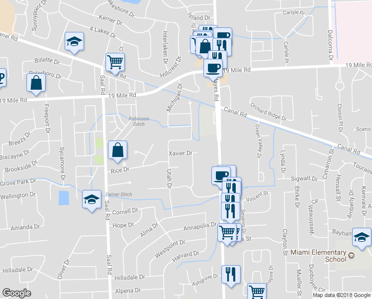 map of restaurants, bars, coffee shops, grocery stores, and more near 14967 Xavier Drive in Sterling Heights