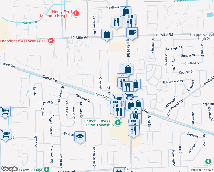 map of restaurants, bars, coffee shops, grocery stores, and more near 42249 Royal Lane in Clinton Township