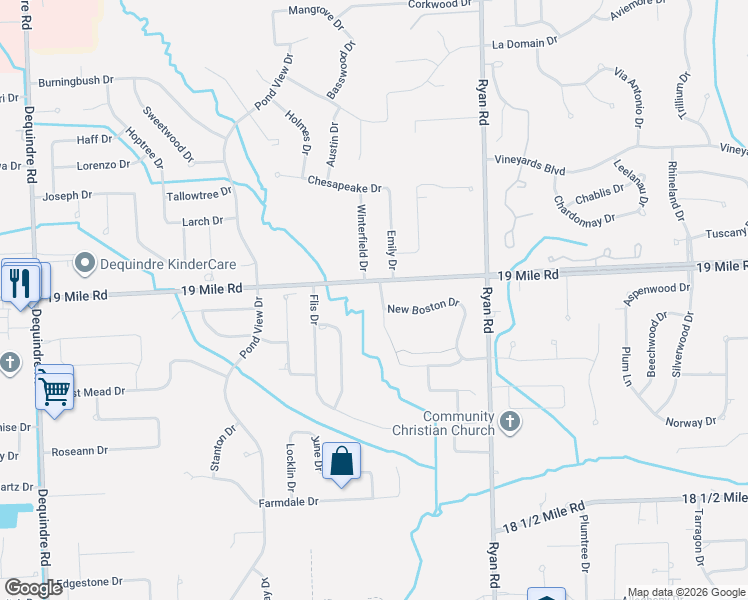 map of restaurants, bars, coffee shops, grocery stores, and more near 42925 North Hampton Drive in Sterling Heights