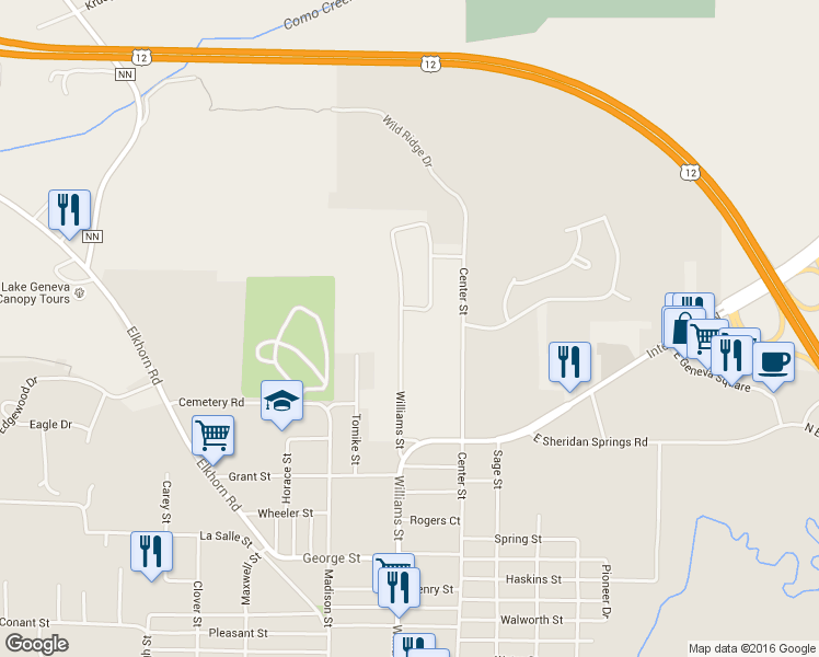 map of restaurants, bars, coffee shops, grocery stores, and more near N3188 Williams Street in Lake Geneva