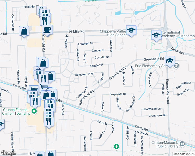 map of restaurants, bars, coffee shops, grocery stores, and more near 42347 West Leo Street in Clinton Township