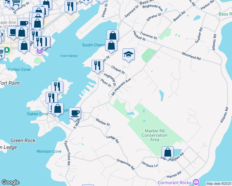 map of restaurants, bars, coffee shops, grocery stores, and more near 90 Mount Pleasant Avenue in Gloucester