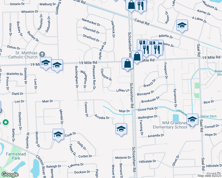 map of restaurants, bars, coffee shops, grocery stores, and more near 42674 Christina Drive in Sterling Heights