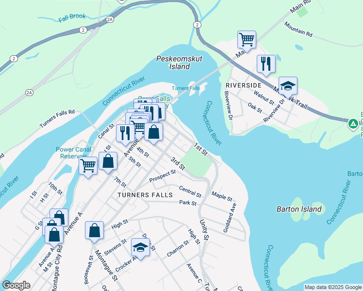 map of restaurants, bars, coffee shops, grocery stores, and more near 141 2nd Street in Montague