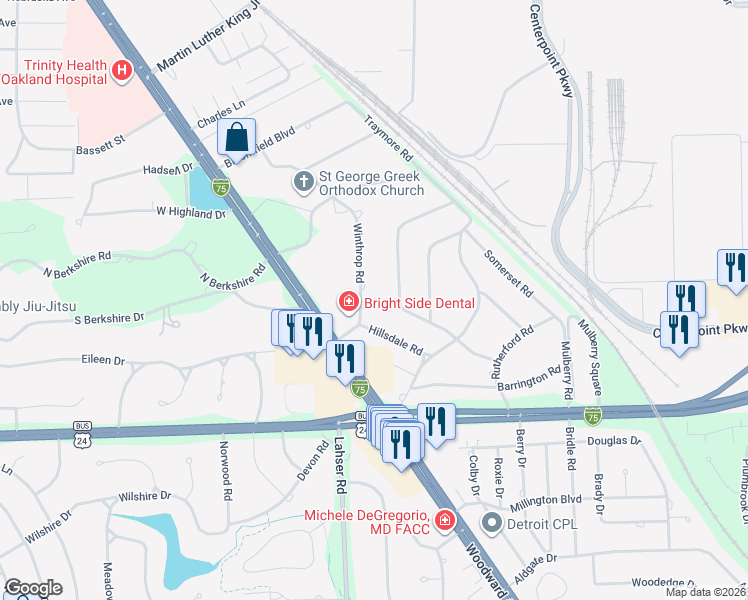 map of restaurants, bars, coffee shops, grocery stores, and more near 1661 Winthrop Road in Oakland County