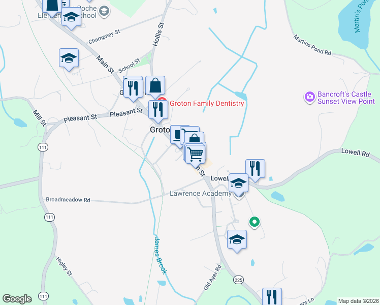 map of restaurants, bars, coffee shops, grocery stores, and more near 148 Main Street in Groton