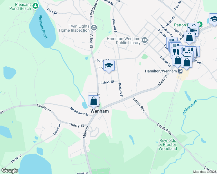 map of restaurants, bars, coffee shops, grocery stores, and more near 3 Ellis Avenue in Wenham