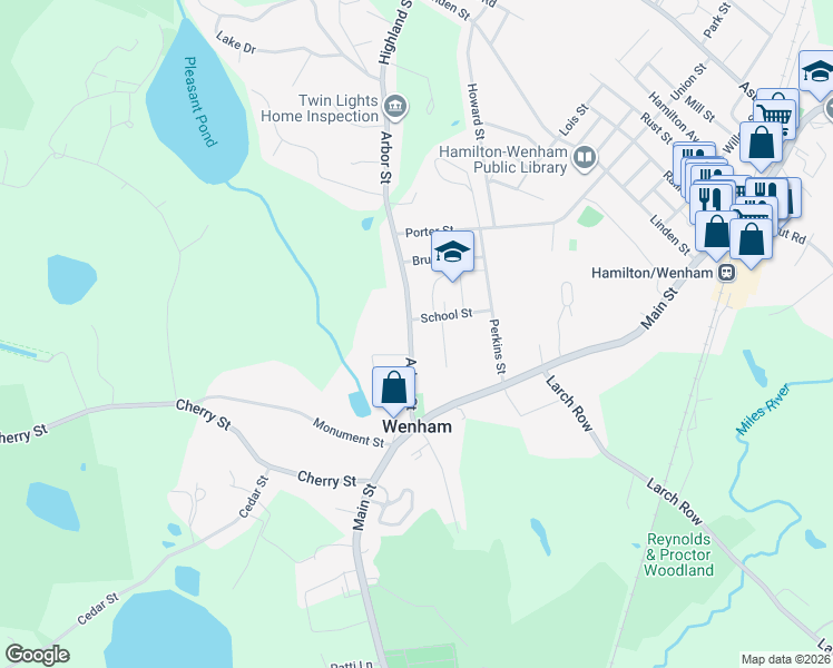 map of restaurants, bars, coffee shops, grocery stores, and more near 24 Arbor Street in Wenham