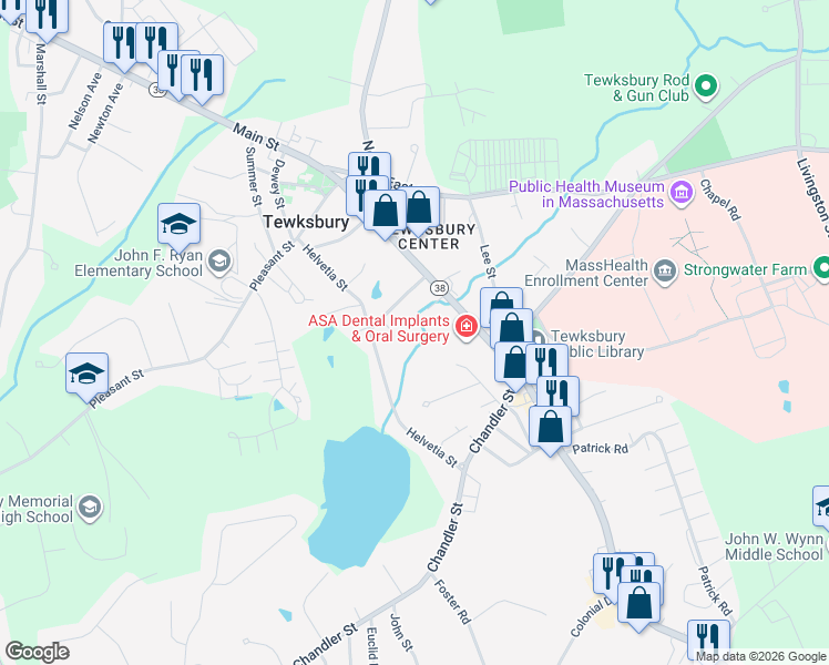 map of restaurants, bars, coffee shops, grocery stores, and more near 42 James Street in Tewksbury
