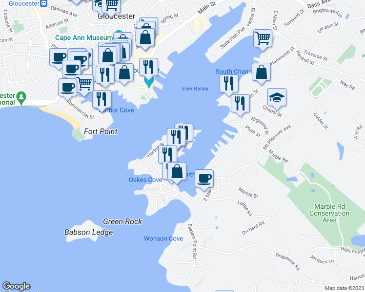 map of restaurants, bars, coffee shops, grocery stores, and more near 75 Rocky Neck Avenue in Gloucester
