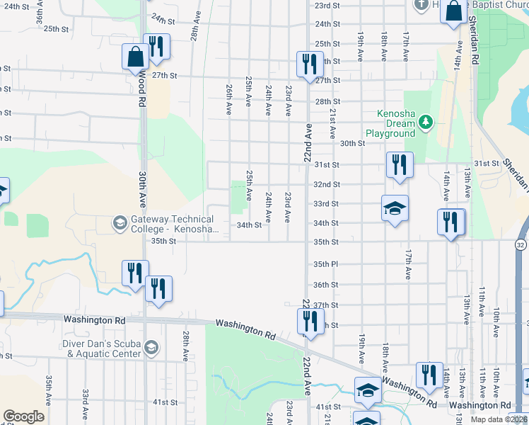 map of restaurants, bars, coffee shops, grocery stores, and more near 3306 24th Avenue in Kenosha
