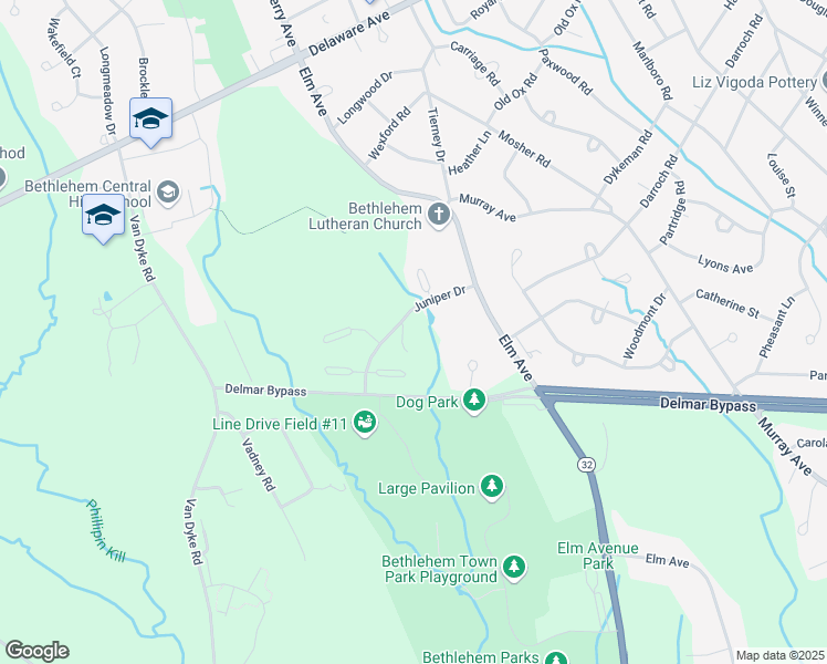 map of restaurants, bars, coffee shops, grocery stores, and more near 1 Juniper Drive in Delmar