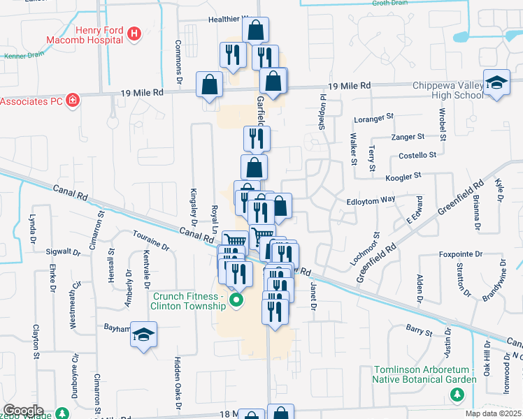 map of restaurants, bars, coffee shops, grocery stores, and more near 42281 Garfield Road in Clinton Township