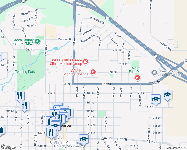 map of restaurants, bars, coffee shops, grocery stores, and more near 515 22nd Avenue in Monroe