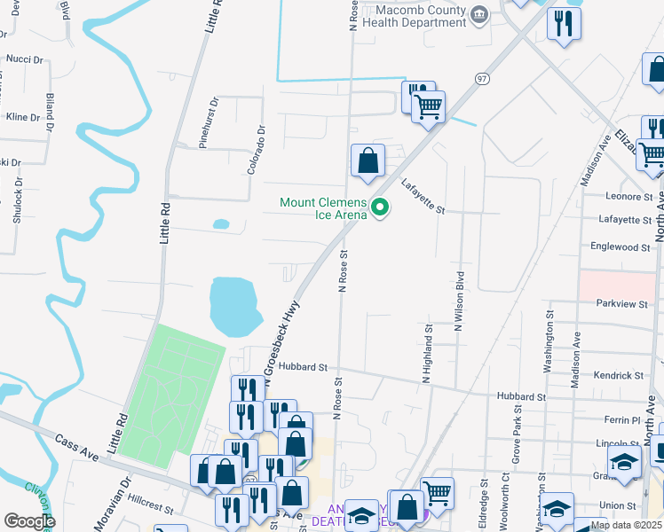 map of restaurants, bars, coffee shops, grocery stores, and more near 174 North Groesbeck Highway in Mount Clemens