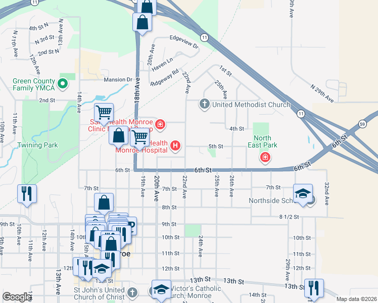 map of restaurants, bars, coffee shops, grocery stores, and more near 504 22nd Avenue in Monroe