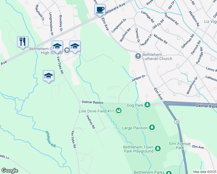 map of restaurants, bars, coffee shops, grocery stores, and more near 303 Elkin Court in Delmar
