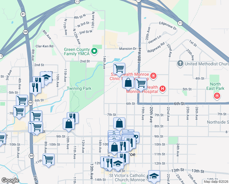 map of restaurants, bars, coffee shops, grocery stores, and more near 509 16th Avenue in Monroe