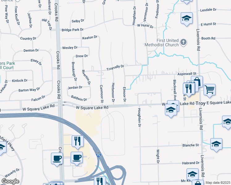 map of restaurants, bars, coffee shops, grocery stores, and more near 6084 Herbmoor Drive in Troy