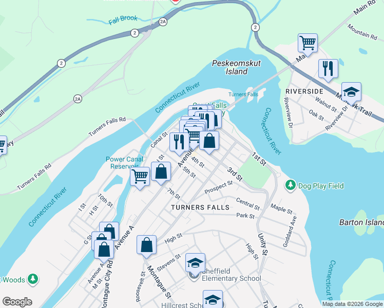 map of restaurants, bars, coffee shops, grocery stores, and more near 127 Avenue A in Montague