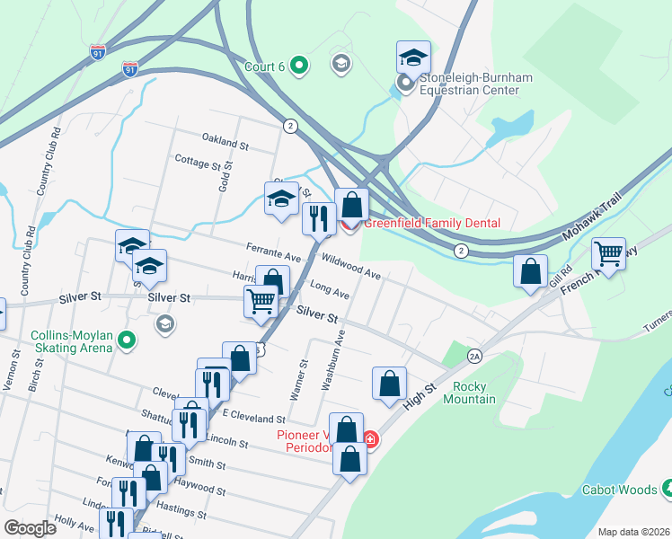 map of restaurants, bars, coffee shops, grocery stores, and more near 16 Wildwood Avenue in Greenfield